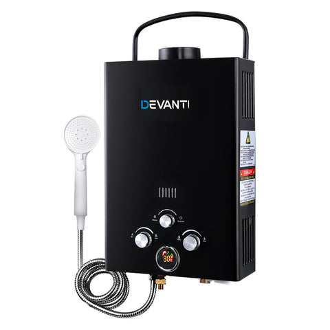 Devanti Portable Gas Water Heater 8L/Min With Pump LPG System Black GWH-LPG-8L-SW-BK-DI-PUMP