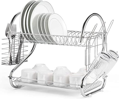 2 Tier Dish Rack with Drain Board for Kitchen Counter and Plated Chrome Dish Dryer Silver 42 25,5 V178-12689