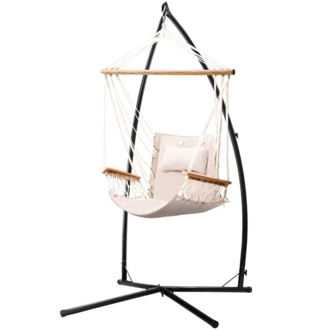Gardeon Hammock Chair with Steel Stand Armrest Outdoor Hanging Cream HM-CHAIR-ARM-CREAM-X
