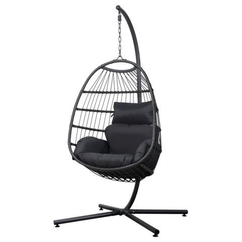 Gardeon Outdoor Egg Swing Chair Wicker Rope Furniture Pod Stand Foldable Grey HM-EGG-ROPE-XD-GREY