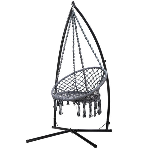 Gardeon Hammock Chair with Steel Stand Macrame Outdoor Swinging Grey HM-CHAIR-SWING-GREY-X