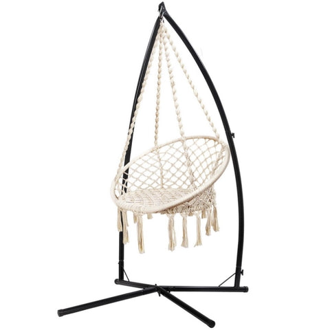 Gardeon Hammock Chair with Steel Stand Macrame Outdoor Swinging Cream HM-CHAIR-SWING-CREAM-X