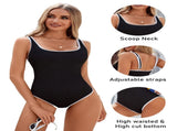 Women's Black One Piece Swimsuit with White Trim Adjustable Strap, Ribbed, High Cut for Sports & V1107-BLACK ONE PIECE SWIMSUIT-L