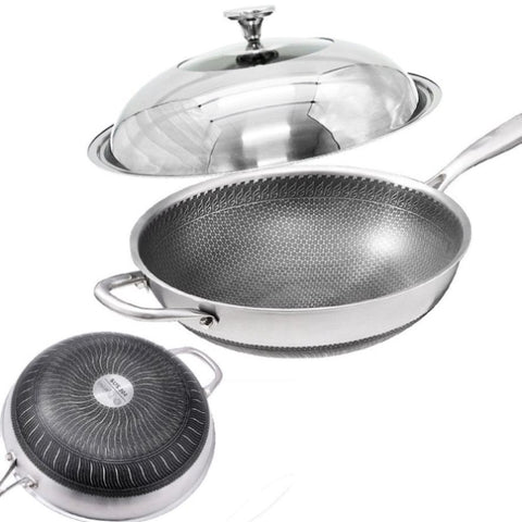 32cm 304 Stainless Steel Non-Stick Stir Fry Cooking Kitchen Honeycomb Wok Pan with Lid V255-304_WOK_32_LID