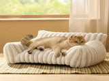 Luxurious Faux Rabbit Fur Plush Pet Sofa Bed with Bolster Sides, Removable Washable Cover and Deep V1341-ZY-9FNEFNJR-L-IVORY