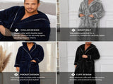 Men's Plush Fleece Hooded Bathrobe Black XL Size Shawl Collar Dressing Gown - Thick Warm Soft Winter V888-ELOSUNG54509