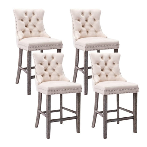 4X Velvet Bar Stools with Studs Trim Wooden Legs Tufted Dining Chairs Kitchen V226-SW1802BG-2