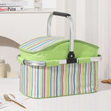 27L Foldable Insulated Picnic Basket Cooler Bag with Aluminum Handles, Green Striped Thermal Hamper V1188-MS-617-064
