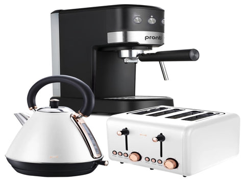 Pronti Breakfast Set with Rose Gold Kettle & Toaster with 1.25L Espresso Machine - White KT-TS-850D-WH