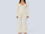 Women's Two-Piece Workout Set Size M- Beige Wrap-Up Long-Sleeve Top and High-Waisted Flared Pants V888-ELOSUNG57311-2