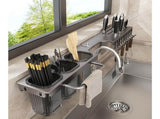 Metal Cutlery Holder with Drip Tray and Hooks for Spoons, Forks and Kitchen Tools, Countertop Drying V1189-WXF-260203-00270