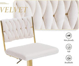 SERENIT 2x Velvet Bar Stools with Braided Back Elegant Kitchen High Chairs, Kitchen Island Stools V255-GP2212-WHITE