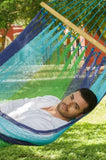 Mayan Legacy Queen Size Outdoor Cotton Mexican Resort Hammock No Fringe in Oceanica Colour V97-RNFOCEANICA