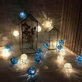 1 Set of Blue n White 5cm Rattan Cane 50 Ball Battery Powered LONG 5m String Lights Christmas Gift V382-BLUWHITERATTBALLBATT50