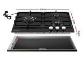 Devanti 59cm Gas Cooktop 3 Burner Knob Control Glass Hob Cast Iron Black CT-GAS-3B-BK
