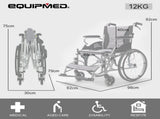EQUIPMED Folding Aluminium Wheelchair, 20" Wheels, Park Brakes, 100kg Capacity, Grey/Black V219-HECWLCEQB2GY