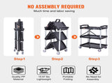 Foldable Utility Service Cart, 3 Shelf 165LBS Heavy Duty Plastic Rolling Cart with Lockable Wheels, V952-SXSYTCSXCDPM3XOD4V0