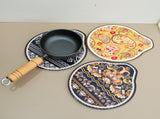 Blue-black Set of 4 Embossed Ceramic Paddle Mats - Assorted Bohemian Pattern Heat Resistant Pads V888-ELOSUNG28026