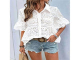 Women Embroidery Eyelet Crop Top Short Sleeve Button Down Blouse White M V1369-AZ3-W-11511