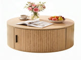 Artiss Round Coffee Table Storage Fluted Center Table Living Room Office 80cm Wood FUR-U-COF-11-WD