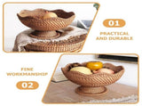 RattanRattan Fruit Bowl Woven Footed Bowl, Round Pedestal Plate Decorative Bowl for Tabletop & V1370-AZ4-16670