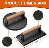 Heavy Duty Cast Iron Smash Burger Press Set with Ergonomic Wooden Handle and Ribbed Base for BBQ V1189-LC-HW-00557