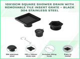 10x10cm Square Shower Drain with Removable Tile Insert Grate Matte Black 304SS, CUPC Certified for V63-955501