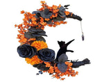 Halloween Moon & Cat Wreath with Lights - Gothic Black Branch Wreath for Front Door, Indoor/Outdoor V1366-AZ2-W-16564