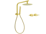 WELS Brushed Gold Round 2in1 Shower Head Set Diverter Wall Arm Stainless Steel Handheld Taps V1233-A703GSS019CBGKSR108GCPF0282AG