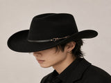 Western Cowboy Hat - Black Wide Brim Cowboy Hat with Leather-Look Band, Metal Rivet and Square V888-ELOSUNG57114-1