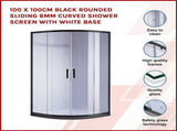 100 x 100cm Black Rounded Sliding 6mm Curved Shower Screen with White Base V63-830231