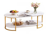 Artiss Coffee Table 2 Tier Oval Marble Finish Storage Shelf Metal Frame Center Table Living Room FUR-Z-COF11-GDWH