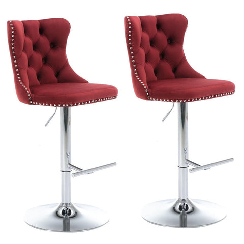 SERENIT Red Velvet Bar Stools Adjustable Swivel Counter Height Chairs with Tufted Back and Nailhead V255-GP2211R-RED