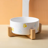 Ceramic Round Dog Cat Bowl with Wood Stand, Durable Ceramic Food Water Elevated Dish for Pet, Modern V1192-AZ-W-15100