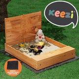 Keezi Kids Sandpit Wooden Sandbox Sand Pit with Cover Funnel Outdoor Toys 120cm SAND-SQUARE-FUNNEL-120