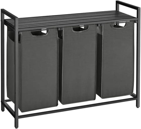 VASAGLE Laundry Hamper with Shelf and Pull-Out Bag 3 x 38L Black and Gray V227-9101263002491