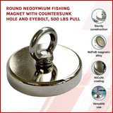 Round Neodymium Fishing Magnet with Countersunk Hole and Eyebolt, 500 LBS pull V63-821733