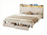 Artiss King Upholstered Bed Frame with Shelf Storage Drawers Charging Station Mood Lighting Linen BFRAME-G-NOUVEA-K-BG-ABC