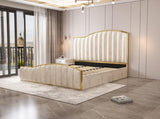 Elegant Luxury King Size Bedframe in Beige with Gas Lift Storage Velvet Fabric Golden Trim V357-STARSHINE-KING-BEIGE
