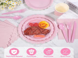 7-Piece Pink Scalloped Party Tableware Set with Floral Wavy Edges Elegant Disposable Paper Plates V888-ELOSUNG49996