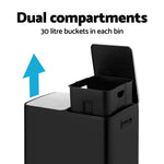 Cefito Pedal Bins Rubbish Bin Dual Compartment Waste Recycle Dustbins 60L Black RB-60L-2C-BK