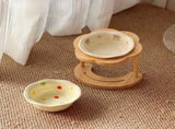 Ceramic Pet Feeder with Wood Stand Tilted Cat Bowl for Comfortable Eating, Anti-Tip DesignPearl V1385-FTCWW-ZM-006