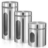 Plated Silver Stainless Steel Kitchen Storage Canister with Glass Window 3Pcs V1370-AZ4-08818