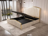 Elegant Luxury King Size Bedframe in Beige with Gas Lift Storage Velvet Fabric Golden Trim V357-STARSHINE-KING-BEIGE