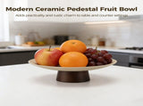 Modern Ceramic Pedestal Fruit Bowl, Shallow Serving Bowl with Wooden Base, Elevated Decorative Fruit V1192-AZ-W-18349