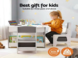 Keezi Kids Table and Chair Set, 4 in 1 Wooden Activity Table with Bookcase, Storage Box and KTC-G-BS-GY