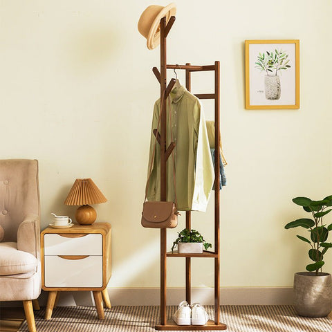 Bamboo Clothes Coat Rack Garment Stand Shelf Tree Hanger Bag Hat Hook Holder Dark Brown V255-4MLS-DB