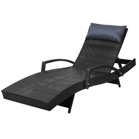 Gardeon Sun Lounge Wicker Lounger Outdoor Furniture Beach Chair Armrest Adjustable Black FF-LOUNGE-ARM-P-BK