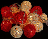 1 Set of Red and White 5cm Rattan Cane 50 Ball Battery Powered LONG 5m String Lights Christmas Gift V382-REDWHITERATTBALLBATT50