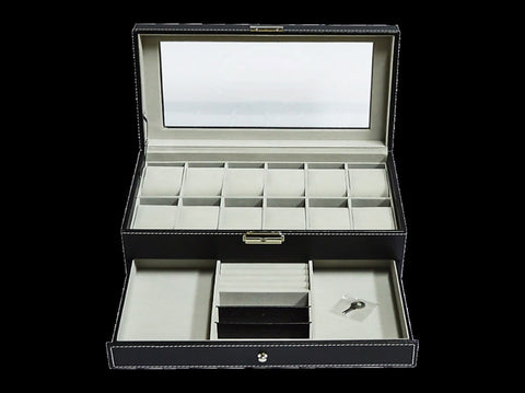 12 Grids Watch Display Case Leather jewellery Storage Box Organiser Lock Key V63-823711
